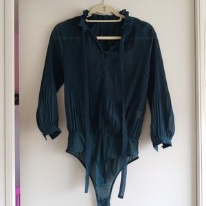 Teal crepe accordion pleat sheer body suit